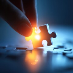 Mysterious Hand Placing Puzzle Piece With Glowing Light Effect