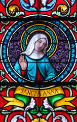 Stained glass (19th century) of Saint Anne. Mother of the Virgin Mary and Saint of the Roman Catholic Church.