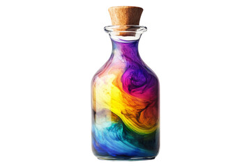 Magical swirling potion in a glass bottle with cork stopper vibrant colors