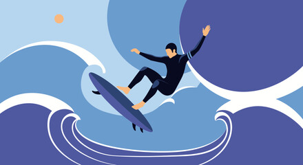 Illustration of a surfer riding a wave in a stylized abstract artistic design