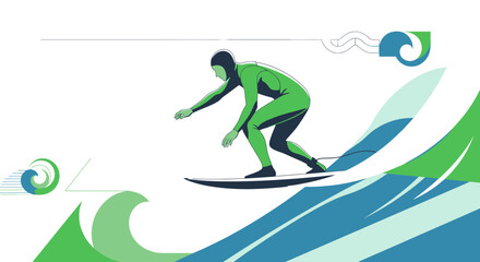Obraz premium Illustration of a Surfer Riding a Wave in Minimalist Green and Blue Colors Style