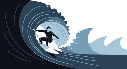 Illustration of a surfer riding a wave in the ocean in minimalist style