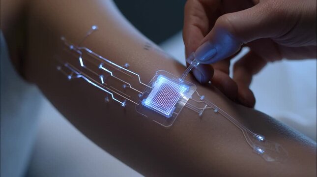 Close-up of a glowing, futuristic electronic skin patch on a person&rsquo;s arm, displaying biometric data and delivering medicine transdermally. Clean, sci-fi medical aesthetic.
