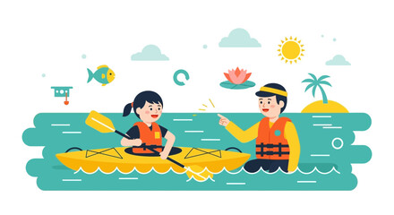 Illustration of people kayaking in the ocean during a sunny day outdoor activity
