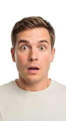 Obraz premium Surprised Man With Wide Eyes and Open Mouth Isolated on White Background Showing Astonishment and Shock