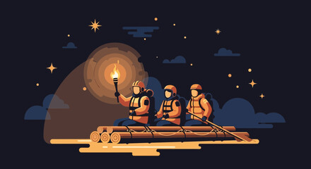 Naklejka premium Illustration of people on a raft navigating at night and the light of a torch