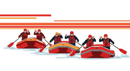 Illustration of people rafting down a river on a sunny day adventure sport