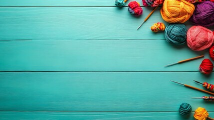 Colorful Yarn Balls and Knitting Needles on Teal Wood Background