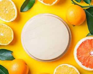 Vibrant Citrus Fruits & Wooden Round Mockup on Yellow Background