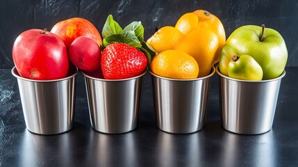 Vibrant Fruits in Metal Cups Still Life Photography