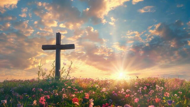 A cross sits in the middle of a beautiful flower field, suitable for use as a symbol of faith or spirituality