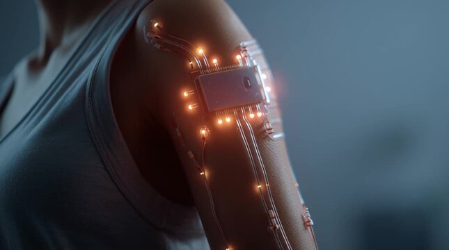 Close-up of a glowing, futuristic electronic skin patch on a person&rsquo;s arm, displaying biometric data and delivering medicine transdermally. Clean, sci-fi medical aesthetic.
