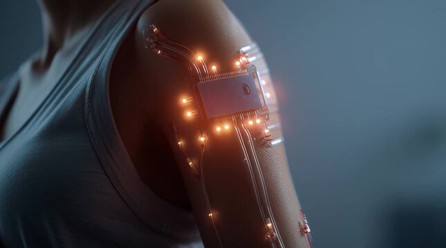 Close-up of a glowing, futuristic electronic skin patch on a person&rsquo;s arm, displaying biometric data and delivering medicine transdermally. Clean, sci-fi medical aesthetic.
