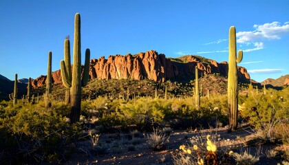 Desert landscape with cacti and mountains