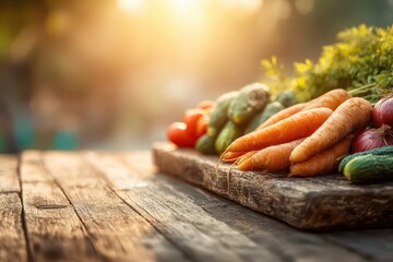 Fresh farm-to-table vegetables arranged on a rustic wooden board at sunrise.