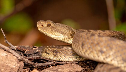 Close-up of a light brown snake, head slightly raised, coiled on ground debris