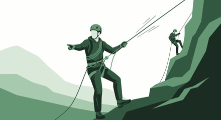 Illustrative depiction of rock climbing and rappelling activities in a natural environment