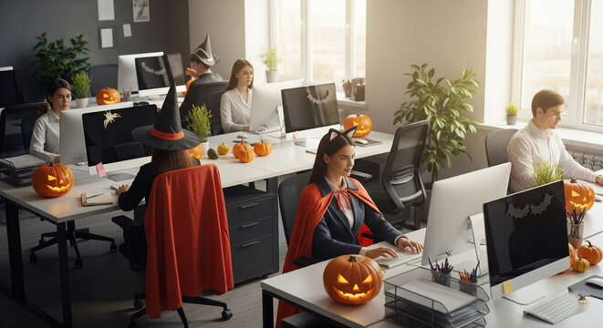 Modern office decorated with pumpkins and employees in subtle costumes, Halloween corporate concept
