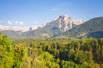 Beautiful view of limestone mountains of the Julian Alps at the border of Slovenia and Italy, as seen from Tarvisio, Italy in southeasterly direction.