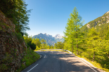 Fototapeta premium Winding mountain road on the south side of Vrsic pass, Triglav National Park, Slovenia