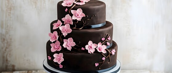 Elegant Three-Tier Chocolate Wedding Cake with Pink Flowers