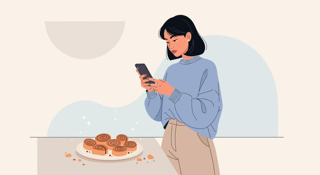 Illustration of a woman using her phone next to a plate of cinnamon rolls in a minimalist style