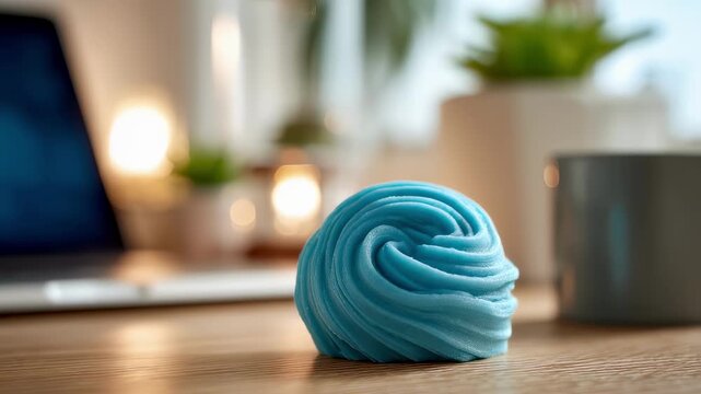 Medium shot showing a focused stressrelief putty being kneaded with tranquil workspace details softly out of focus in the background.
