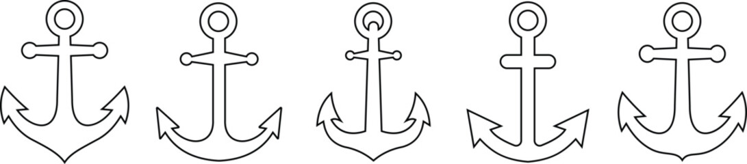 Anchor icon set. Nautical anchors outline symbol on isolated transparent background. Ship anchor vector illustration representing stability marine power navigation hope and nautical maritime design.