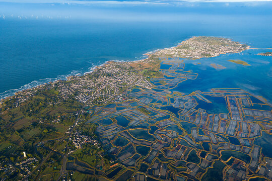Aerial view of the french village of Le Croisic in Guerande France with sailboats parked in the bay 