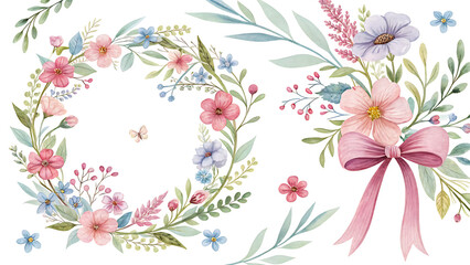 Obraz premium Watercolor floral wreath and bouquet design for invitation card and wedding decoration element