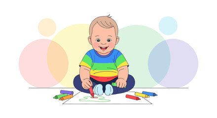 Joyful Baby Creates Art with Crayons: A Colorful, Expressive, And Happy Illustration