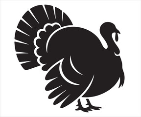 Silhouette of turkey bird with large tail feathers isolated on white background, vector illustration symbolizing Thanksgiving, poultry, wildlife, farming, holiday celebration, and traditional culture
