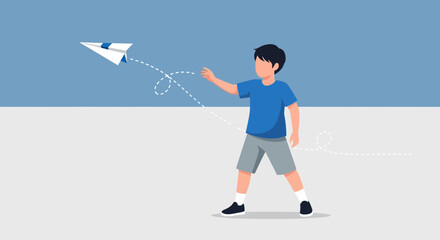 Illustration of a Young Boy Launching a Paper Airplane into the Sky, Flat Design