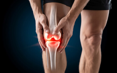 Medical Illustration of Inflamed Knee Joint with Pain Highlight in Red Glow on Dark Background