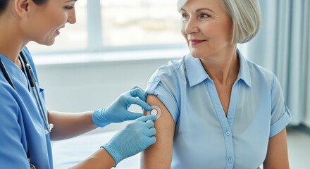 Female nurse administering vaccine to elderly caucasian woman in medical setting