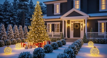 Beautifully decorated house with Christmas tree and festive lights