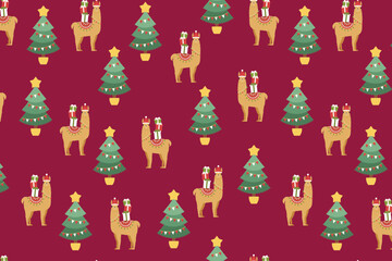 Christmas Llama Tree Pattern swatch available in swatches panel, Festive Holiday Seamless Design with Gifts