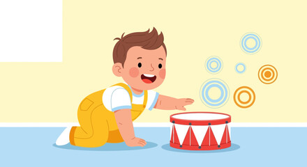 Joyful baby playing with a drum and expressing happiness in a colorful illustration