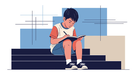 Illustration of a young boy sitting outdoors while writing in a notebook