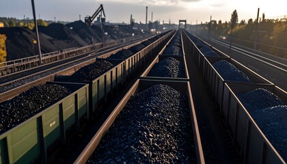Naklejka premium Freight train with coal wagons on railway tracks in an industrial area, featuring raw material piles and heavy loading machinery.