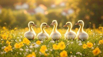 Adorable Baby Ducklings in Golden Flower Field