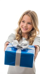 Happy young girl extending a blue gift box with silver ribbon isolated on white background celebrating joy and giving surprise presents for special occasions