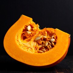 A vibrant slice of pumpkin with visible seeds and fibrous pulp against a dark background.