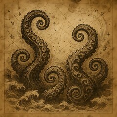 Octopus Tentacles Rising from Waves on Antique Nautical Map