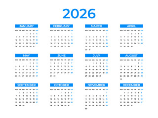 Calendar 2026 year. Week starts on Monday. Wall, table calendar. Restrained business design for notebook and planner. Vector illustration isolated