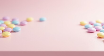 Obraz premium Pastel colored candies scattered on a pink surface