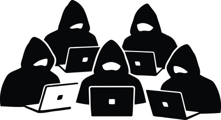 Cyber Security Threat: A shadowy group of hooded figures intently focused on their laptop screens, symbolizing the clandestine world of cyber threats and the unseen dangers of digital crime. 