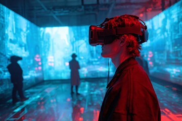 Fototapeta premium Virtual Reality Immersion Exploring Futuristic Worlds with VR Headset Technology