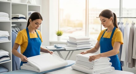 Two young asian female laundry workers folding linens in a sunny room