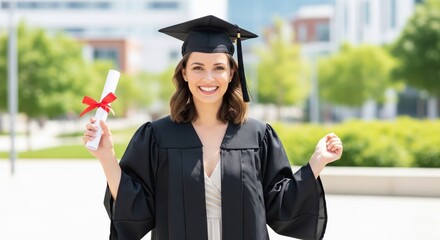 Fototapeta premium Young caucasian female graduate celebrating success outdoors in a gown and cap